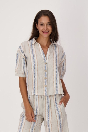 GABBY ISABELLA Blouse rayée à manches courtes bouffantes C-Beige