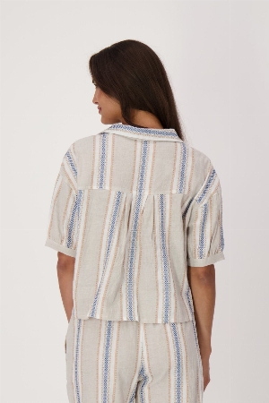 GABBY ISABELLA Blouse rayée à manches courtes bouffantes C-Beige