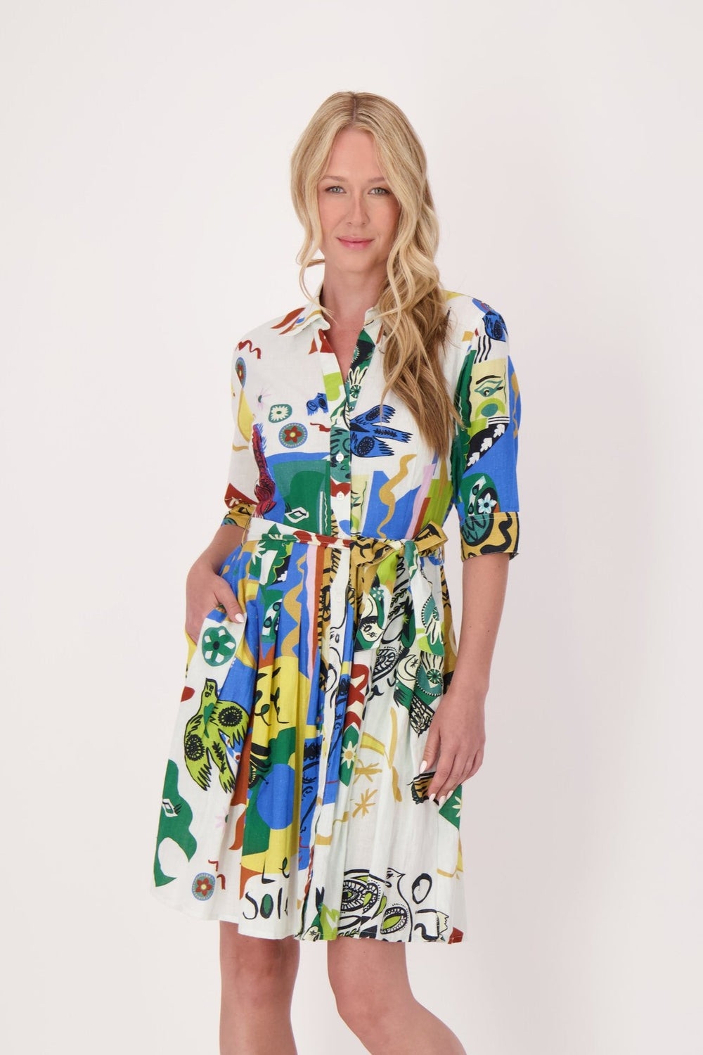 GABBY ISABELLA Robe-chemisier ceinturée à jupe plissée C-Multi