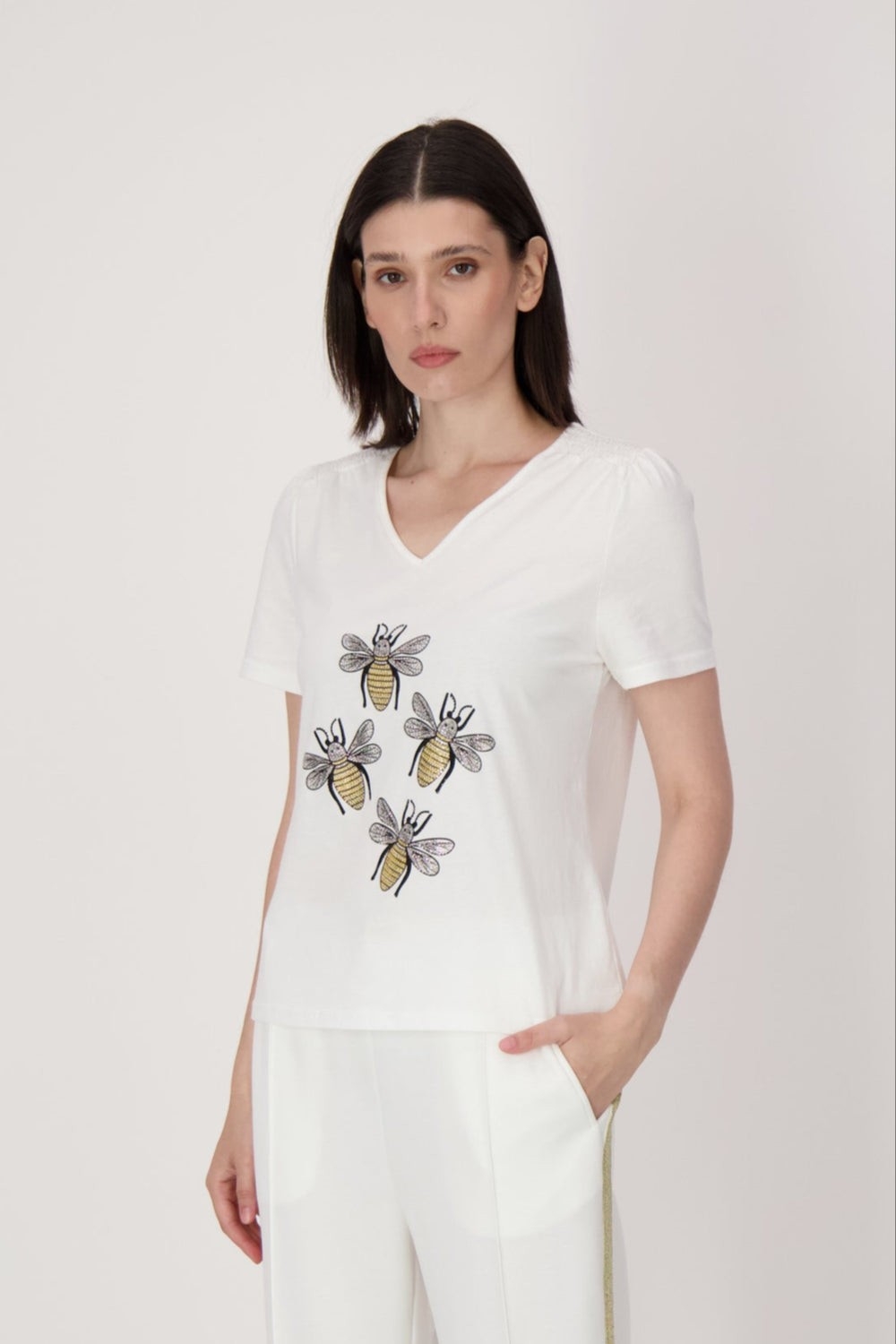 SPANNER T-Shirt avec abeilles en strass devant C-Ivoire