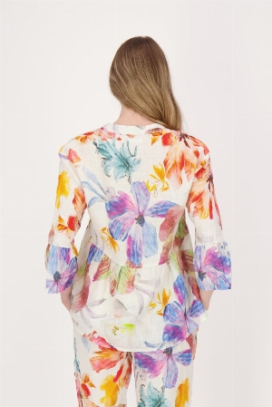 SPANNER Blouse à manches trompettes imprimé C-Crème multi