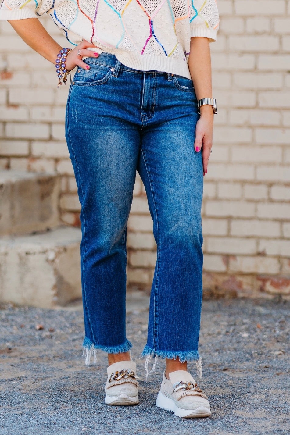 LIVERPOOL Jeans à ourlet effiloché C- Bleu moyen